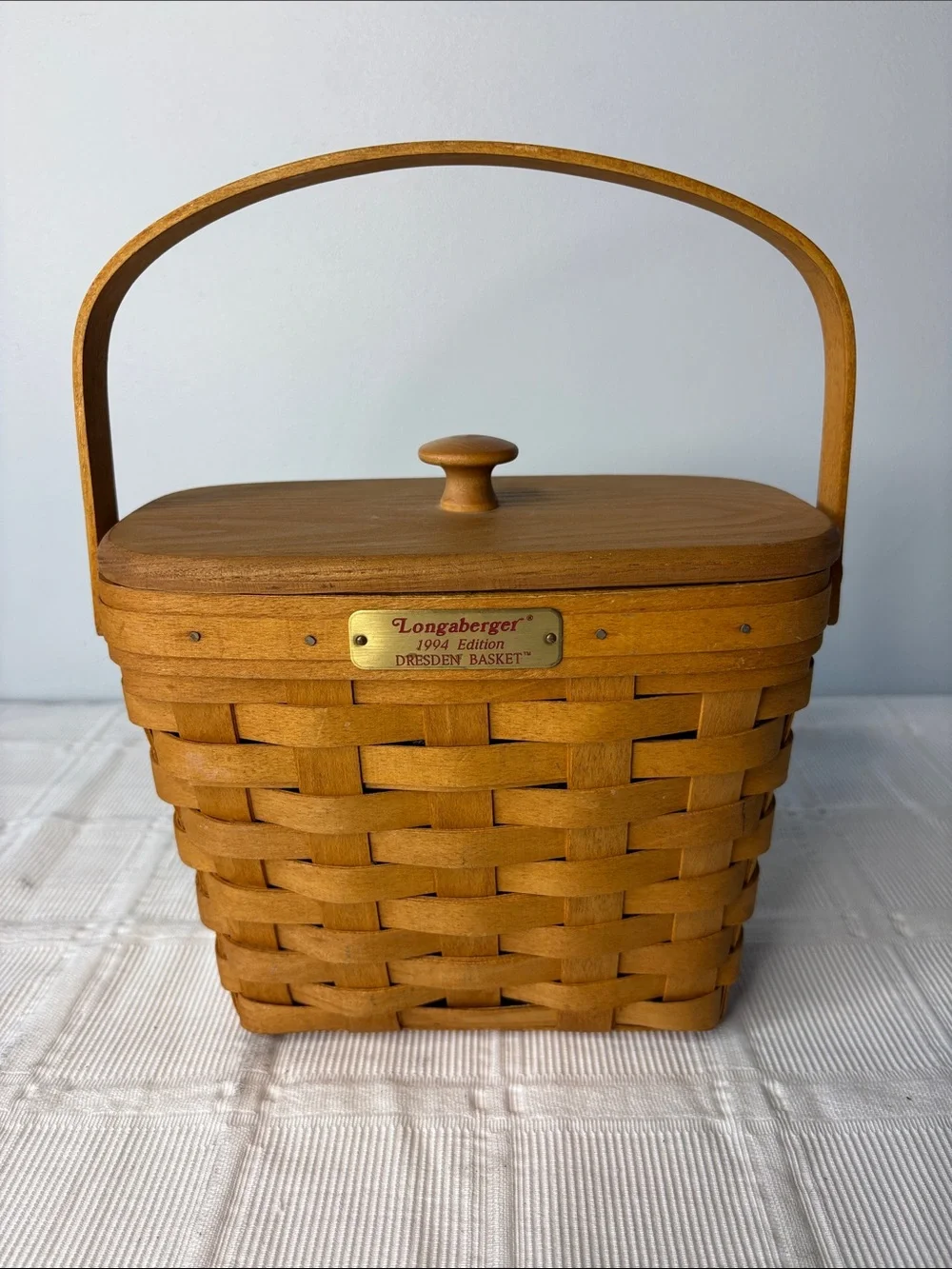 Vintage 1994 Longaberger Dresden Wooden Basket with Lid and 5 Signatures